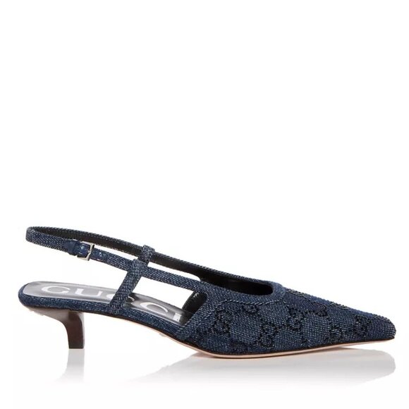 Gucci Crystal GG Monogram Demi Slingback Pumps Kitten Heels Sandals Shoes - Picture 2 of 16